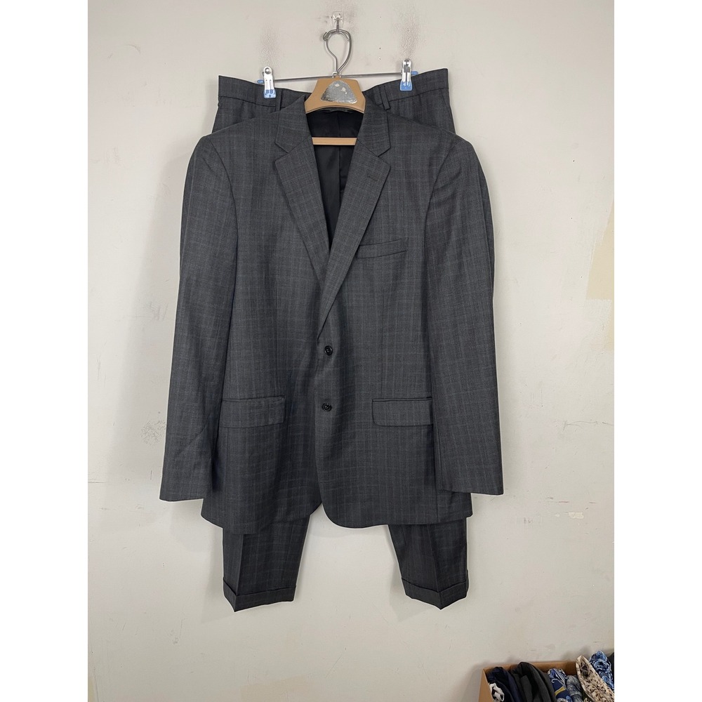 Jos. A. Bank Travelers Collection Mens Windowpane Plaid 100% Wool Suit 44L 37x31